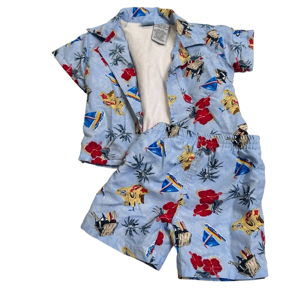 OP 2 piece swim trunks and shirt Blue and Red Tropical Print‎ size 12 month